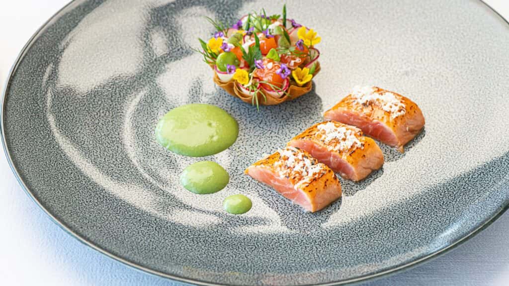 Cook with Stéphane Décotterd #7: Marinated and grilled Chamby char with horseradish, radish, tarragon and baby broad beans tartlet